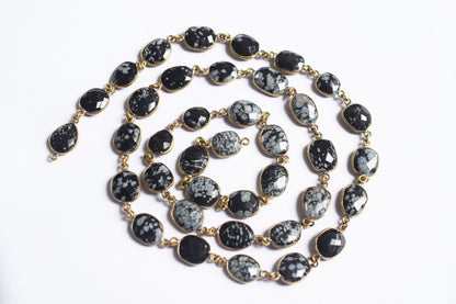 Natural Black Snow Flake Obsidian  Faceted Slice Bezel Link Chain ,10x13 to 14x18 mm - 6318