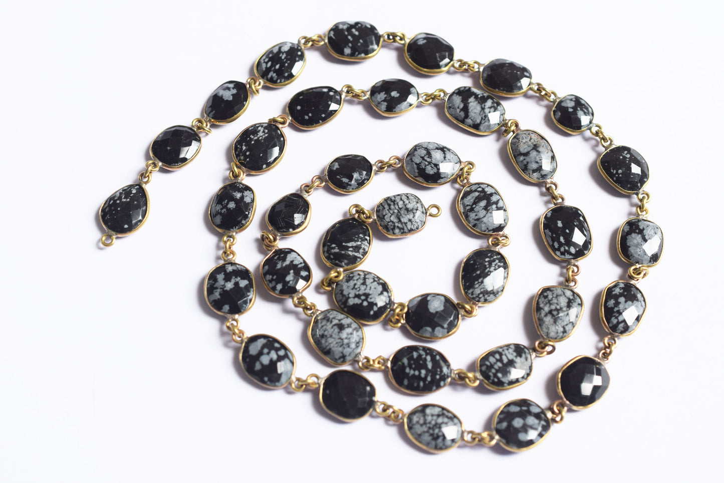 Natural Black Snow Flake Obsidian  Faceted Slice Bezel Link Chain ,10x13 to 14x18 mm - 6318