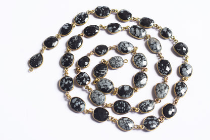 Natural Black Snow Flake Obsidian  Faceted Slice Bezel Link Chain ,10x13 to 14x18 mm - 6318