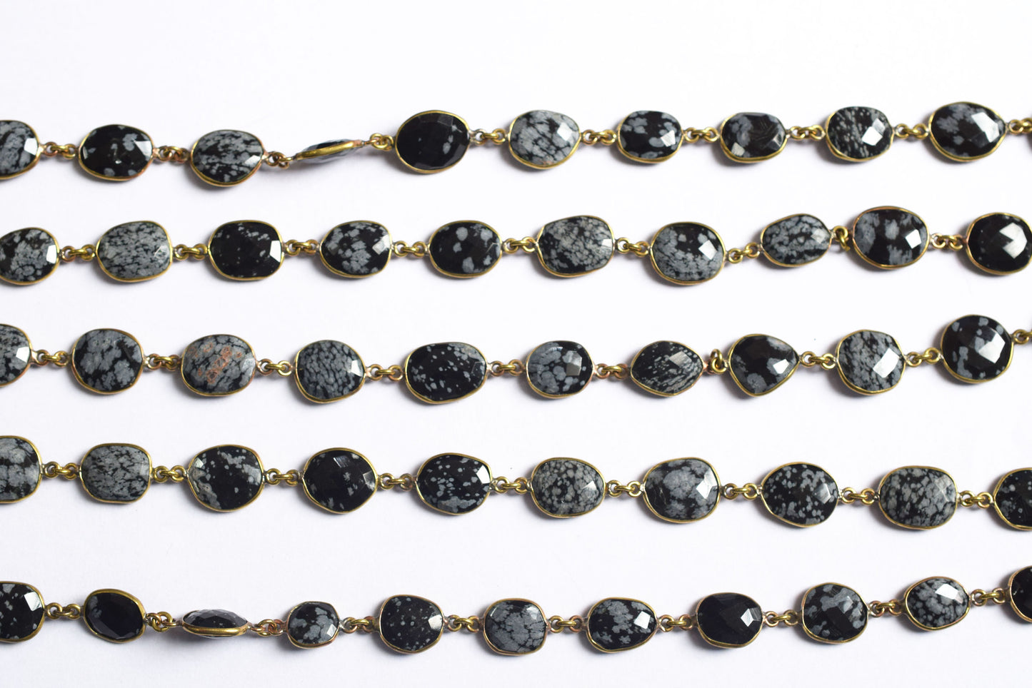 Natural Black Snow Flake Obsidian  Faceted Slice Bezel Link Chain ,10x13 to 14x18 mm - 6318