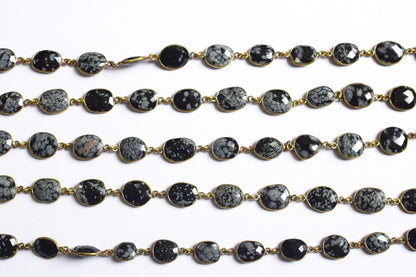 Natural Black Snow Flake Obsidian  Faceted Slice Bezel Link Chain ,10x13 to 14x18 mm - 6318