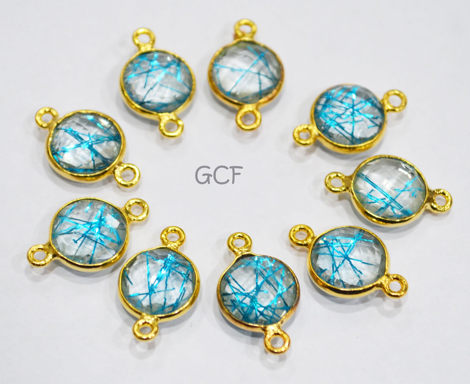 Sky Blue Rutile Faceted Coin Shape Double Bail Connector , Sky Blue Rutile Doublet Hydro Glass Connector , Sold By Piece , 12 mm , RB-6744