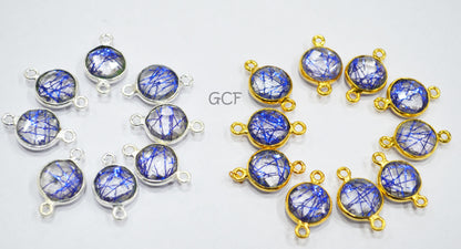 Blue Rutile Faceted Coin Shape Double Bail Connector , Blue Rutile Doublet Hydro Glass Connector , Sold By Piece , 12 mm , RB-6748