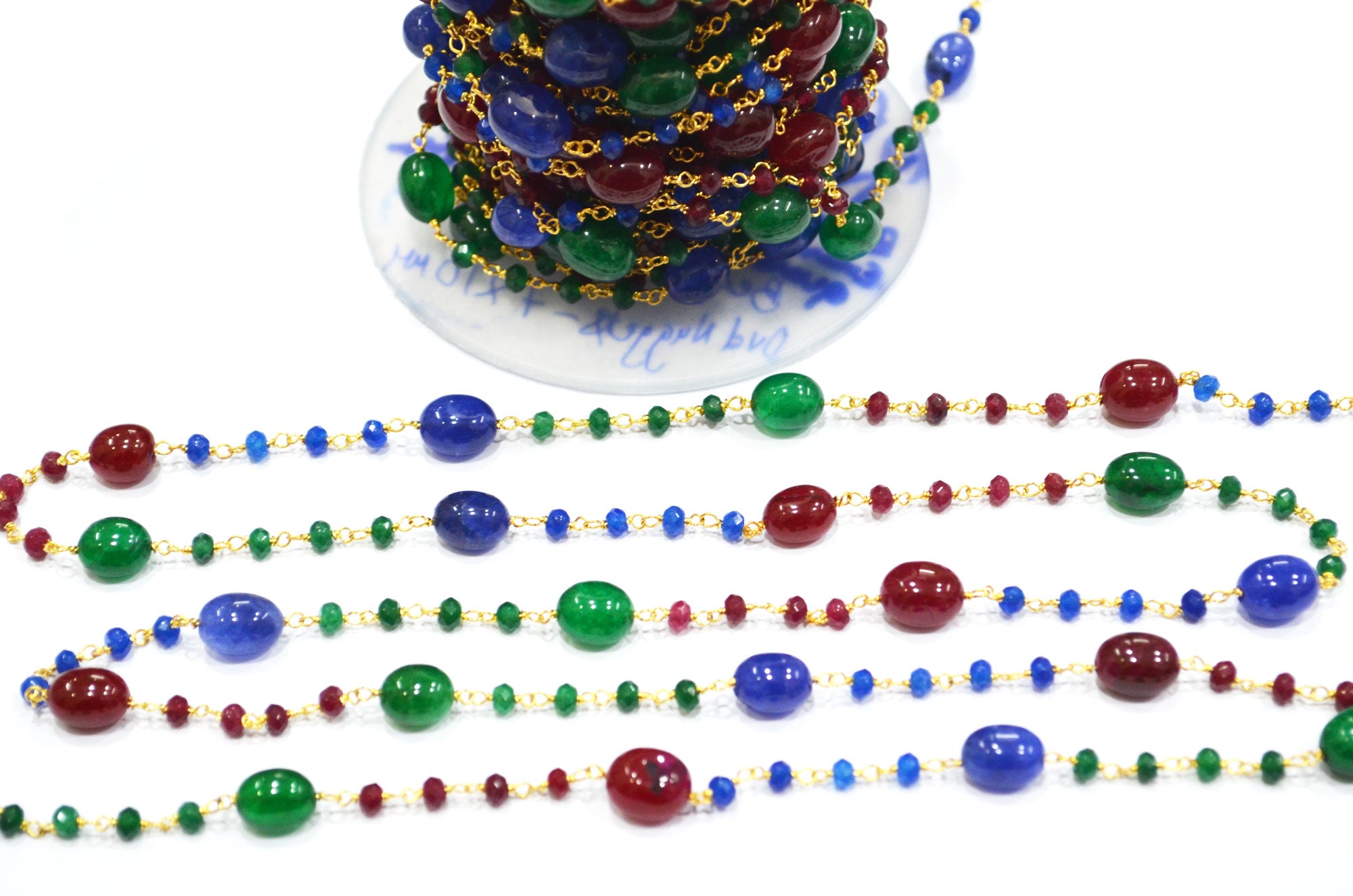 Ruby , Emerald And Sapphire Quartz Faceted Rondelle And Oval Nuggets Rosary Beaded Chain , 4 - 10 mm , 6802