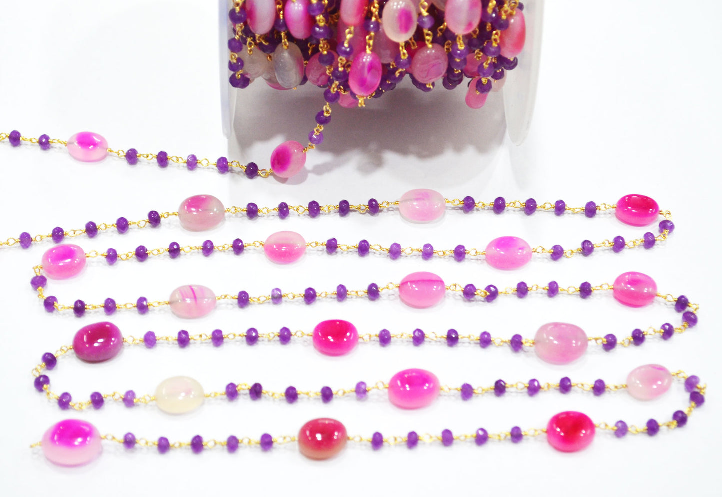 Purple Jade Faceted Rondelle And Hot Pink Chalcedony Oval Nuggets Rosary Beaded Chain , 4 - 11 mm , 6808