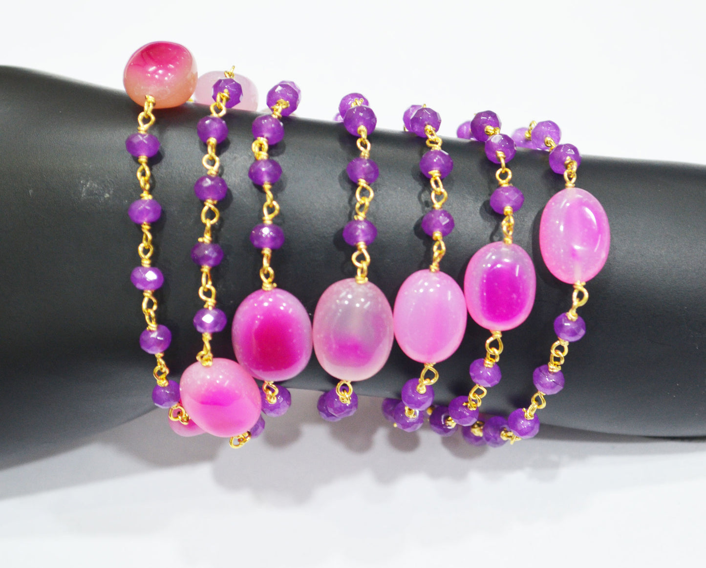 Purple Jade Faceted Rondelle And Hot Pink Chalcedony Oval Nuggets Rosary Beaded Chain , 4 - 11 mm , 6808