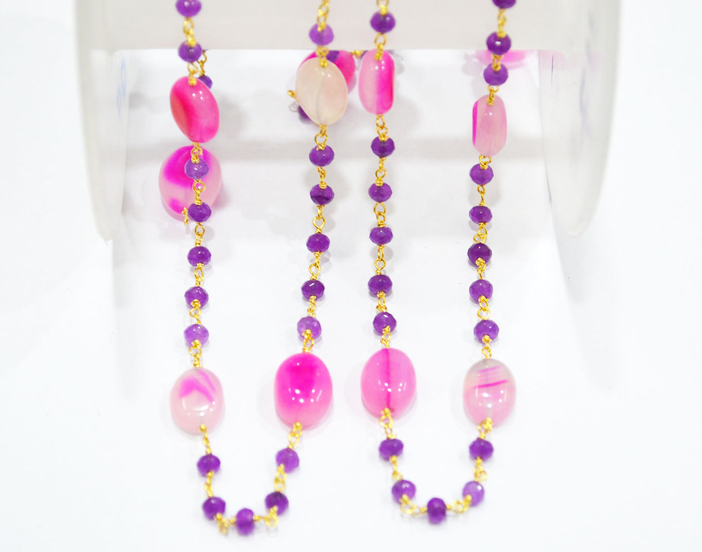 Purple Jade Faceted Rondelle And Hot Pink Chalcedony Oval Nuggets Rosary Beaded Chain , 4 - 11 mm , 6808