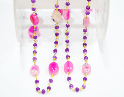 Purple Jade Faceted Rondelle And Hot Pink Chalcedony Oval Nuggets Rosary Beaded Chain , 4 - 11 mm , 6808