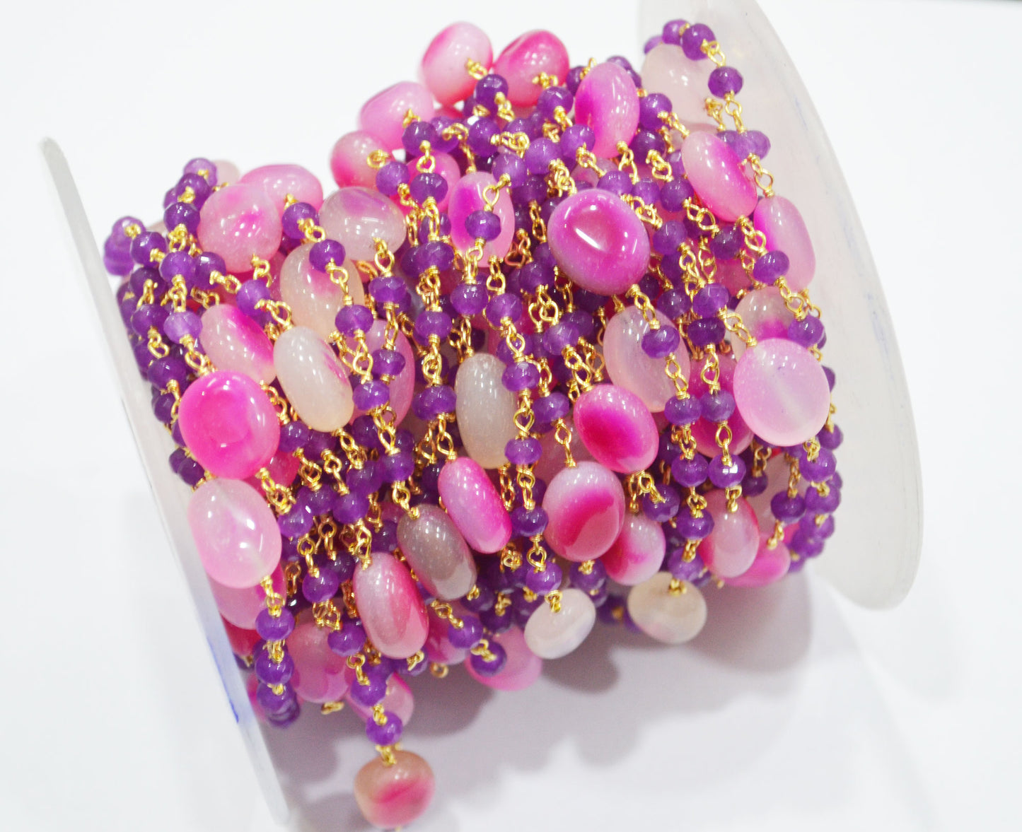Purple Jade Faceted Rondelle And Hot Pink Chalcedony Oval Nuggets Rosary Beaded Chain , 4 - 11 mm , 6808