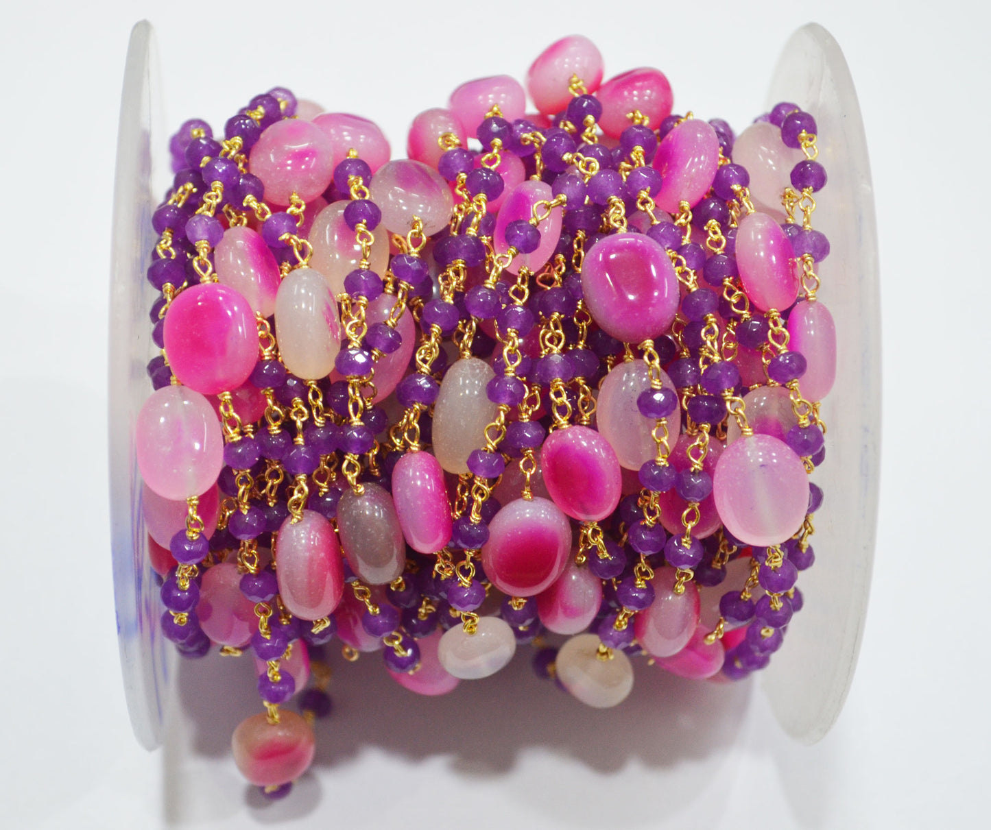 Purple Jade Faceted Rondelle And Hot Pink Chalcedony Oval Nuggets Rosary Beaded Chain , 4 - 11 mm , 6808