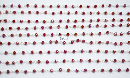 Mystic AB Coated Ruby Hydro Glass Faceted Rondelle Rosary Beaded Chain , Ruby Quartz Wire Wrapped Chain , 3 - 3.50 mm , 6869