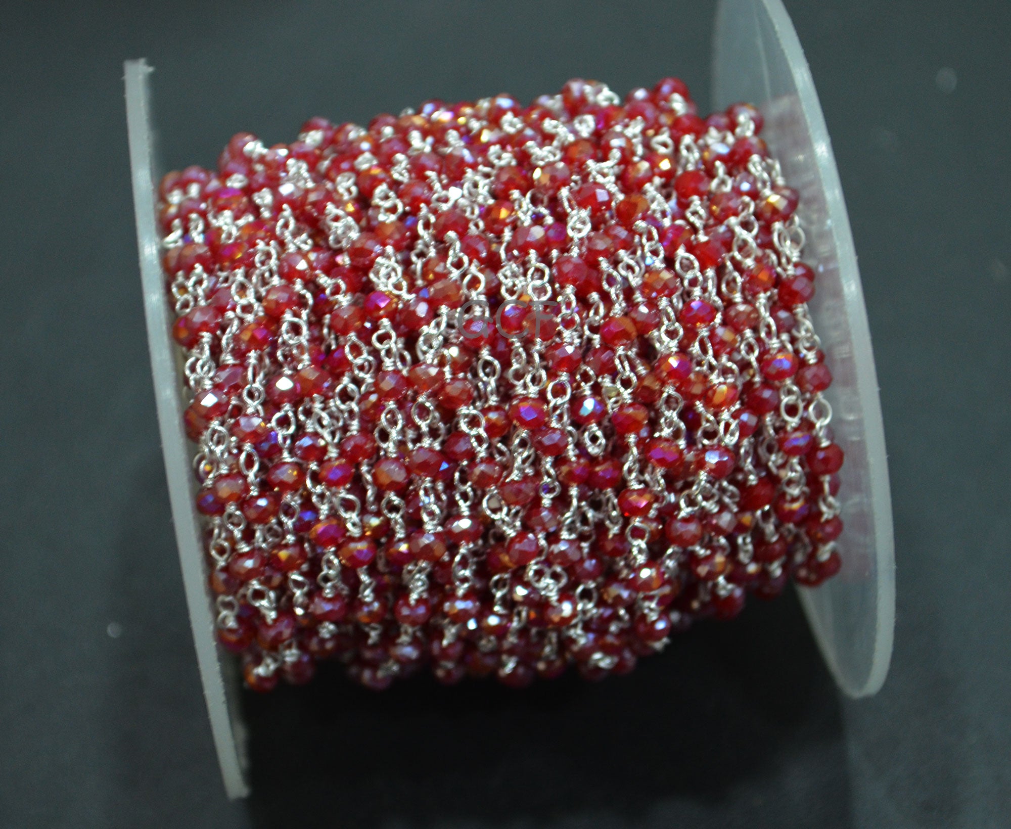 Mystic AB Coated Ruby Hydro Glass Faceted Rondelle Rosary Beaded Chain , Ruby Quartz Wire Wrapped Chain , 3 - 3.50 mm , 6869