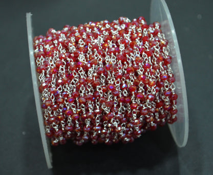 Mystic AB Coated Ruby Hydro Glass Faceted Rondelle Rosary Beaded Chain , Ruby Quartz Wire Wrapped Chain , 3 - 3.50 mm , 6869