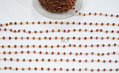 Mystic AB Coated Ruby Hydro Glass Faceted Rondelle Rosary Beaded Chain , Ruby Quartz Wire Wrapped Chain , 3 - 3.50 mm , 6869