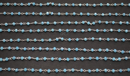 Mystic AB Coated Aqua Hydro Glass Faceted Rondelle Rosary Beaded Chain , Aqua Quartz Wire Wrapped Chain , 3 - 3.50 mm , 6871