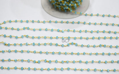 Mystic AB Coated Aqua Hydro Glass Faceted Rondelle Rosary Beaded Chain , Aqua Quartz Wire Wrapped Chain , 3 - 3.50 mm , 6871