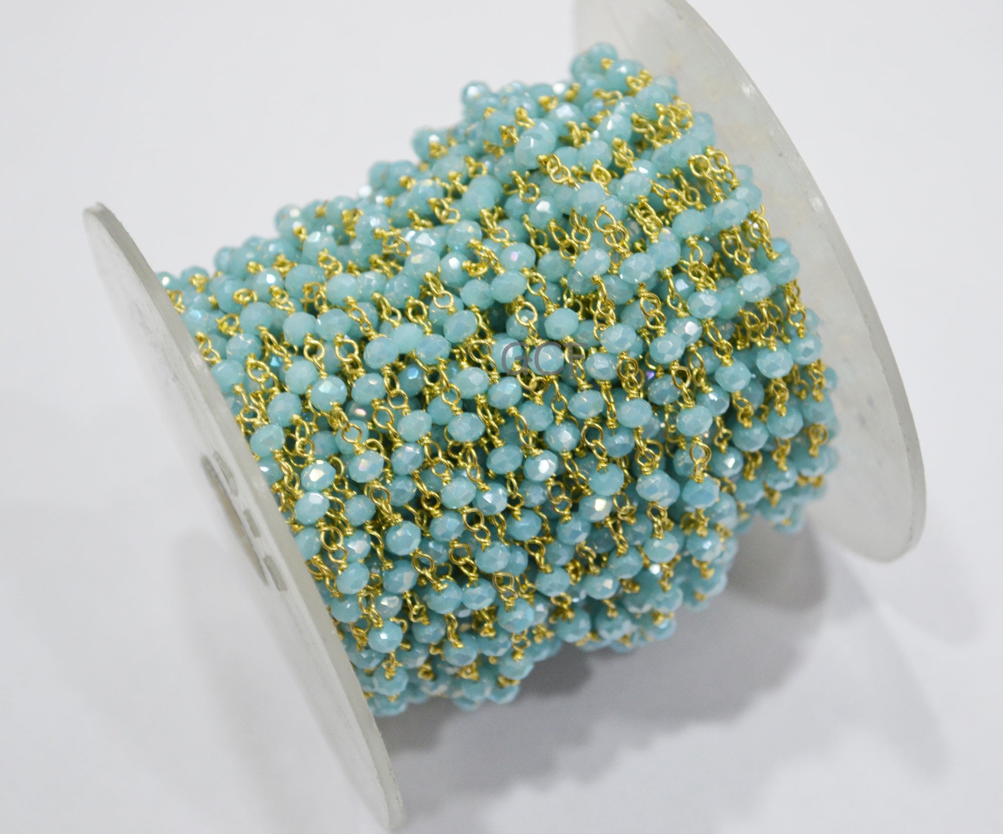 Mystic AB Coated Aqua Hydro Glass Faceted Rondelle Rosary Beaded Chain , Aqua Quartz Wire Wrapped Chain , 3 - 3.50 mm , 6871