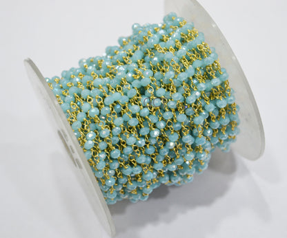 Mystic AB Coated Aqua Hydro Glass Faceted Rondelle Rosary Beaded Chain , Aqua Quartz Wire Wrapped Chain , 3 - 3.50 mm , 6871