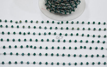Mystic AB Coated Dark Green Hydro Glass Faceted Rondelle Rosary Chain , Green Quartz Wire Wrapped Chain , 3 - 3.50 mm , 6872