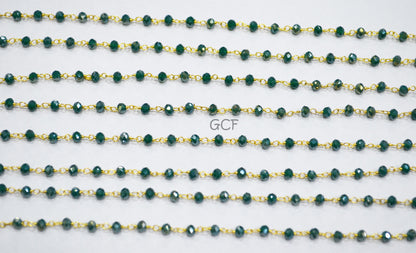 Mystic AB Coated Dark Green Hydro Glass Faceted Rondelle Rosary Chain , Green Quartz Wire Wrapped Chain , 3 - 3.50 mm , 6872