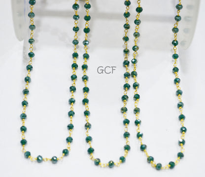 Mystic AB Coated Dark Green Hydro Glass Faceted Rondelle Rosary Chain , Green Quartz Wire Wrapped Chain , 3 - 3.50 mm , 6872