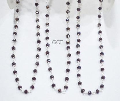 Mystic AB Coated Plum Hydro Glass Faceted Rondelle Rosary Beaded Chain , Plum Quartz Wire Wrapped Chain , 3 - 3.50 mm , 6873