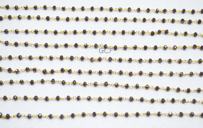 Mystic AB Coated Plum Hydro Glass Faceted Rondelle Rosary Beaded Chain , Plum Quartz Wire Wrapped Chain , 3 - 3.50 mm , 6873
