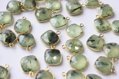 Natural Prehnite Faceted Cushion Shape Connector , Sold By Piece , 14 mm , RB-7280