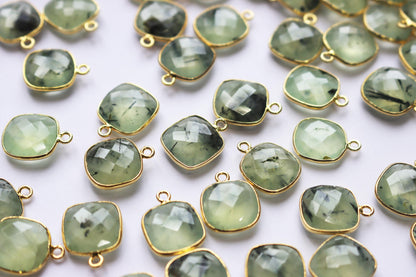 Natural Prehnite Faceted Cushion Shape Connector , Sold By Piece , 14 mm , RB-7280