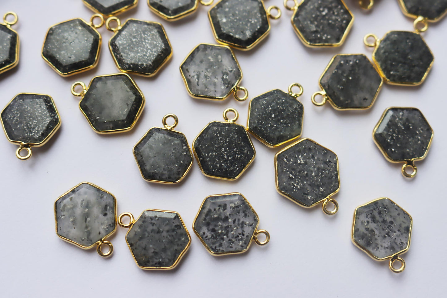 Natural Black Dot Rutile Faceted Hexagonal Shape Connector , Sold By Piece , 12 - 15 mm , RB-7296