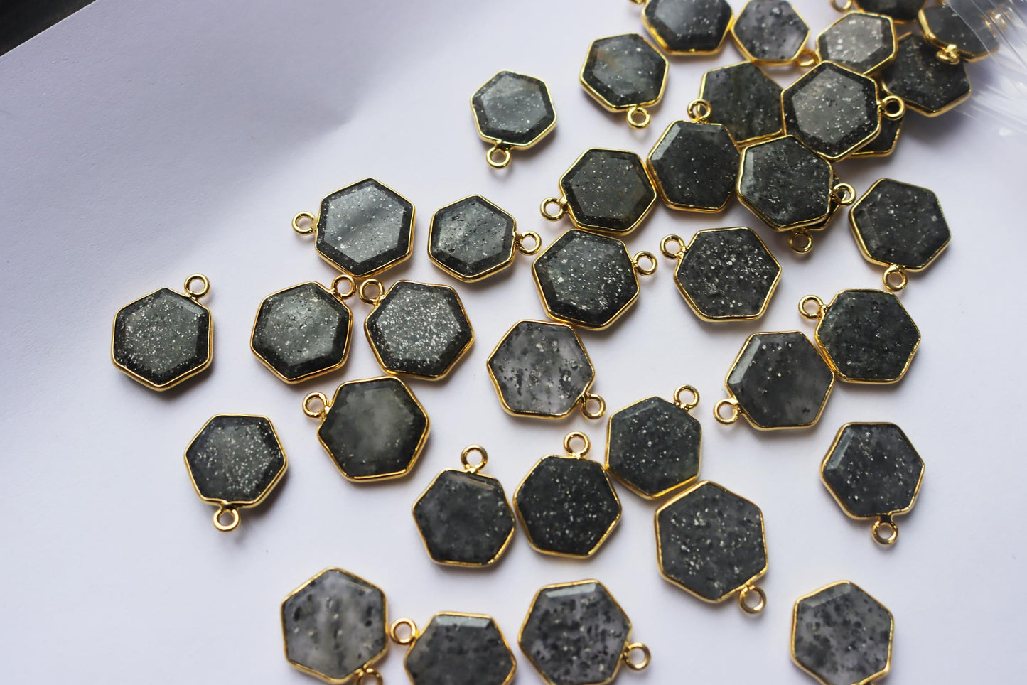 Natural Black Dot Rutile Faceted Hexagonal Shape Connector , Sold By Piece , 12 - 15 mm , RB-7296