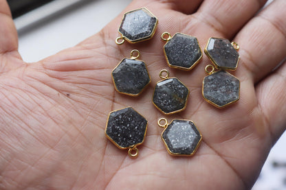 Natural Black Dot Rutile Faceted Hexagonal Shape Connector , Sold By Piece , 12 - 15 mm , RB-7296