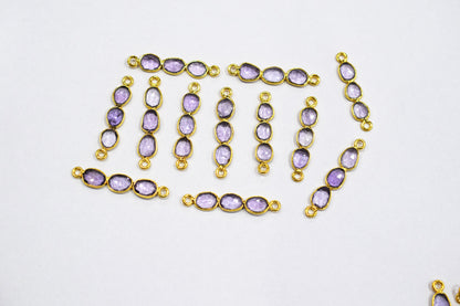 Natural Pink Amethyst Faceted 3 Stone In 1 Piece Bar Connector , Natural Pink Amethyst Double Bail Bezel Charm Connector , Sold By Piece , 25 - 30 mm , 7303