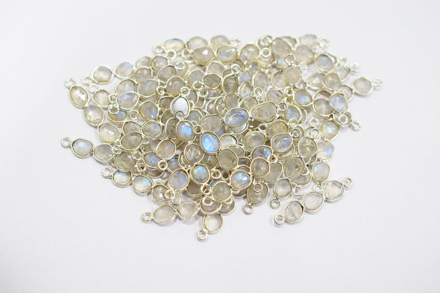 Natural Rainbow Moonstone Faceted 3 Stone In 1 Piece Bar Connector , Natural Rainbow Moonstone Double Bail Bezel Charm Connector , Sold By Piece , 25 - 30 mm , 7304