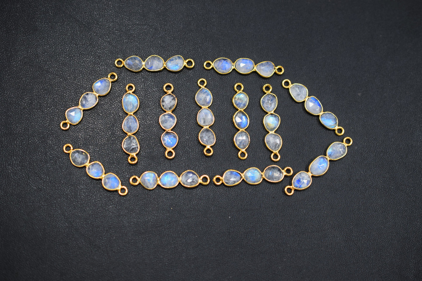 Natural Rainbow Moonstone Faceted 3 Stone In 1 Piece Bar Connector , Natural Rainbow Moonstone Double Bail Bezel Charm Connector , Sold By Piece , 25 - 30 mm , 7304