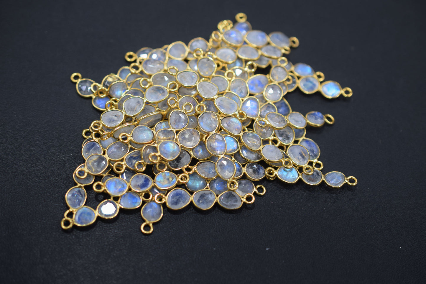 Natural Rainbow Moonstone Faceted 3 Stone In 1 Piece Bar Connector , Natural Rainbow Moonstone Double Bail Bezel Charm Connector , Sold By Piece , 25 - 30 mm , 7304