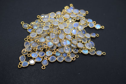 Natural Rainbow Moonstone Faceted 3 Stone In 1 Piece Bar Connector , Natural Rainbow Moonstone Double Bail Bezel Charm Connector , Sold By Piece , 25 - 30 mm , 7304