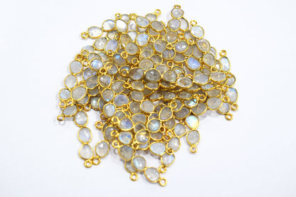 Natural Rainbow Moonstone Faceted 3 Stone In 1 Piece Bar Connector , Natural Rainbow Moonstone Double Bail Bezel Charm Connector , Sold By Piece , 25 - 30 mm , 7304