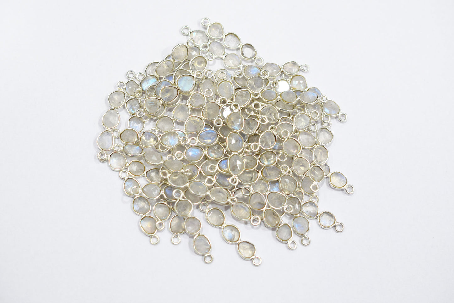 Natural Rainbow Moonstone Faceted 3 Stone In 1 Piece Bar Connector , Natural Rainbow Moonstone Double Bail Bezel Charm Connector , Sold By Piece , 25 - 30 mm , 7304