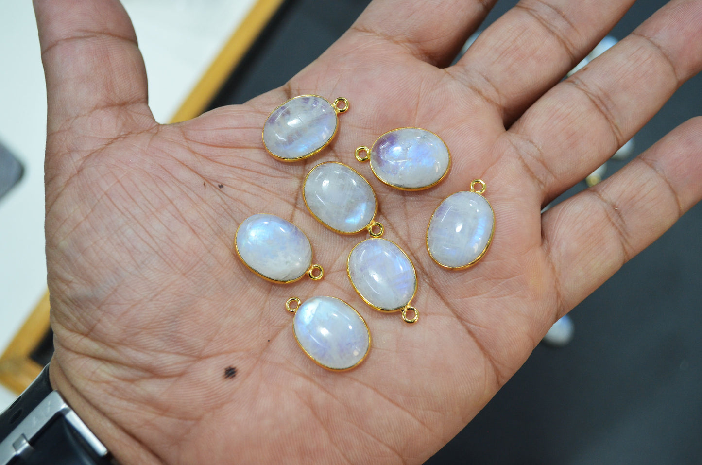 Rainbow Moonstone Smooth Cabochon Oval Single Bail Bezel Connector,12x16 mm ,RB-7560