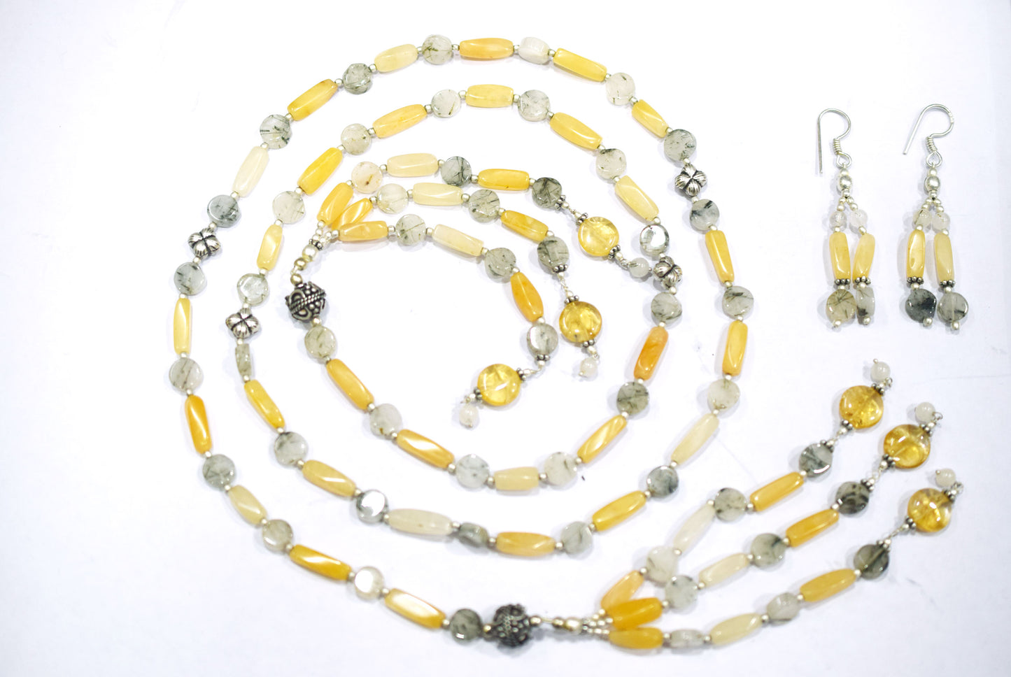 Italian Open End Gemstone Necklace Set, Yellow Aventurine Green Rutile Citrine Necklace Handmade Statement Jewelry Gift For Her, BL-4569