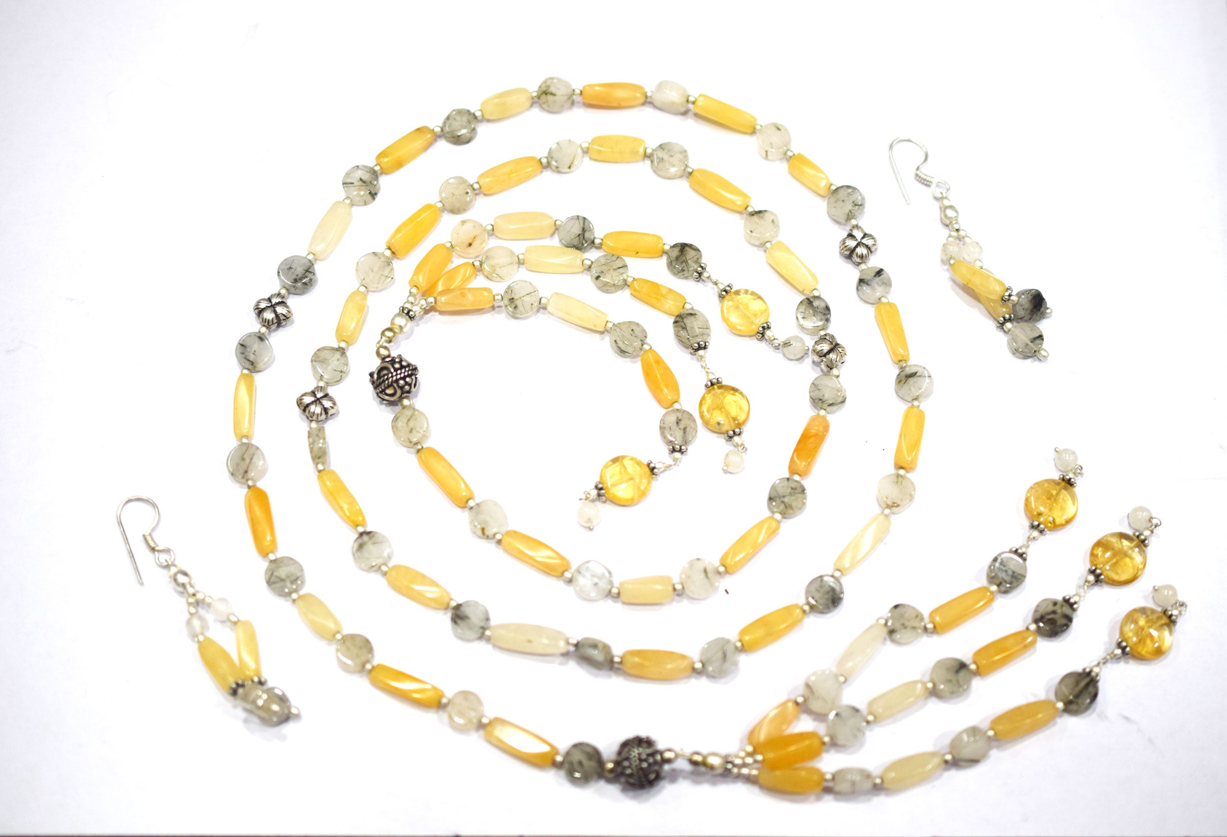 Italian Open End Gemstone Necklace Set, Yellow Aventurine Green Rutile Citrine Necklace Handmade Statement Jewelry Gift For Her, BL-4569