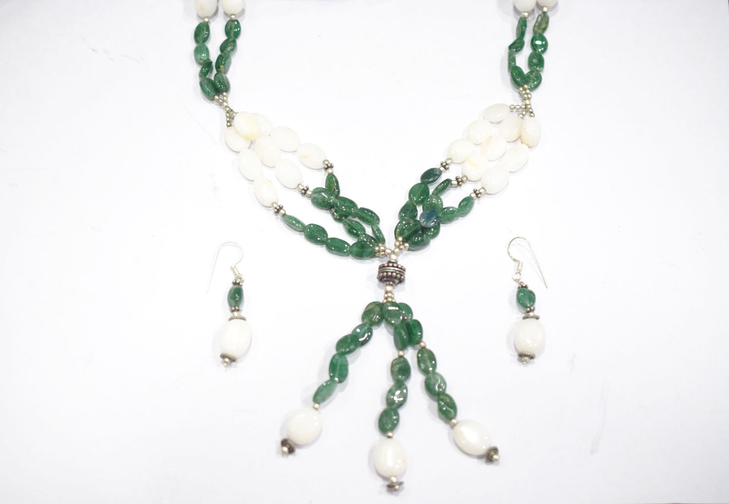 Natural White Agate Green Aventurine Necklace Set, Handmade Beaded Statement Jewelry, Boho Gemstone Tassel Necklace Earring Set Gift For Her, BL-4570
