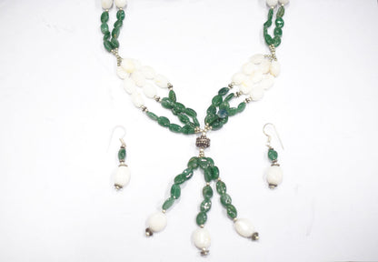 Natural White Agate Green Aventurine Necklace Set, Handmade Beaded Statement Jewelry, Boho Gemstone Tassel Necklace Earring Set Gift For Her, BL-4570