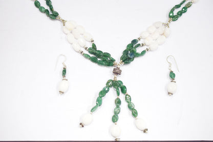 Natural White Agate Green Aventurine Necklace Set, Handmade Beaded Statement Jewelry, Boho Gemstone Tassel Necklace Earring Set Gift For Her, BL-4570