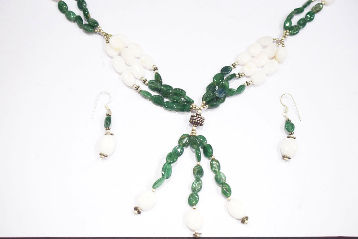 Natural White Agate Green Aventurine Necklace Set, Handmade Beaded Statement Jewelry, Boho Gemstone Tassel Necklace Earring Set Gift For Her, BL-4570