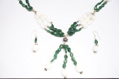 Natural White Agate Green Aventurine Necklace Set, Handmade Beaded Statement Jewelry, Boho Gemstone Tassel Necklace Earring Set Gift For Her, BL-4570