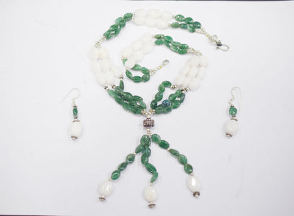 Natural White Agate Green Aventurine Necklace Set, Handmade Beaded Statement Jewelry, Boho Gemstone Tassel Necklace Earring Set Gift For Her, BL-4570