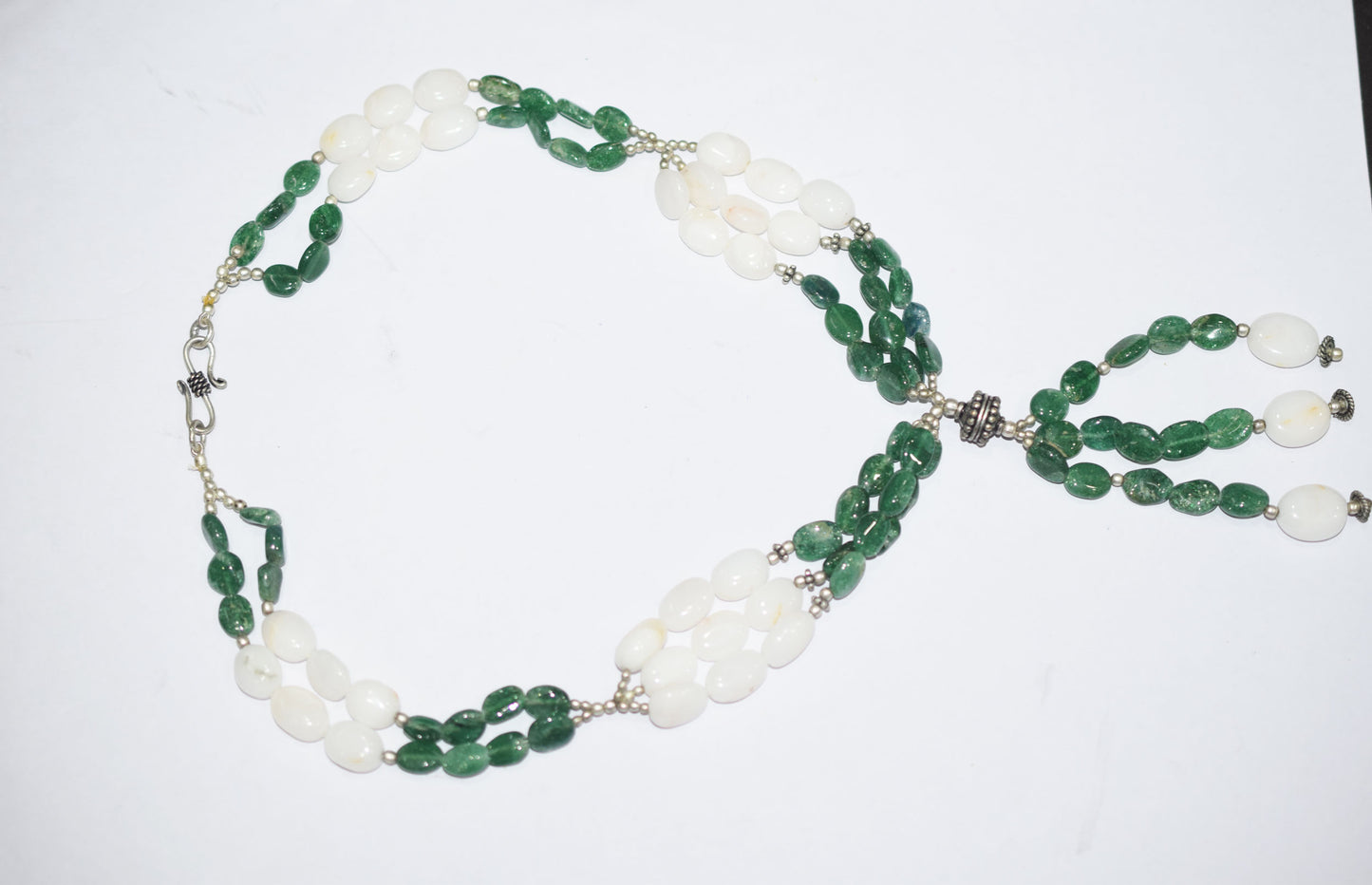 Natural White Agate Green Aventurine Necklace Set, Handmade Beaded Statement Jewelry, Boho Gemstone Tassel Necklace Earring Set Gift For Her, BL-4570
