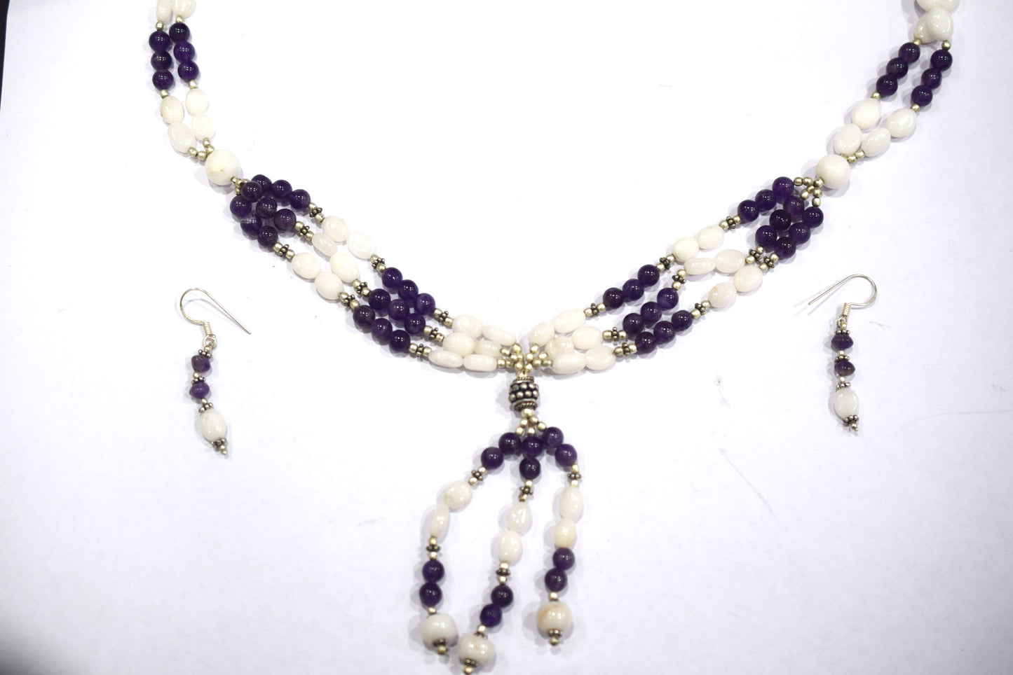 Natural White Agate Purple Amethyst Necklace Set, Handmade Beaded Statement Jewelry, Boho Gemstone Tassel Necklace Earring Set Gift For Her, BL-4571